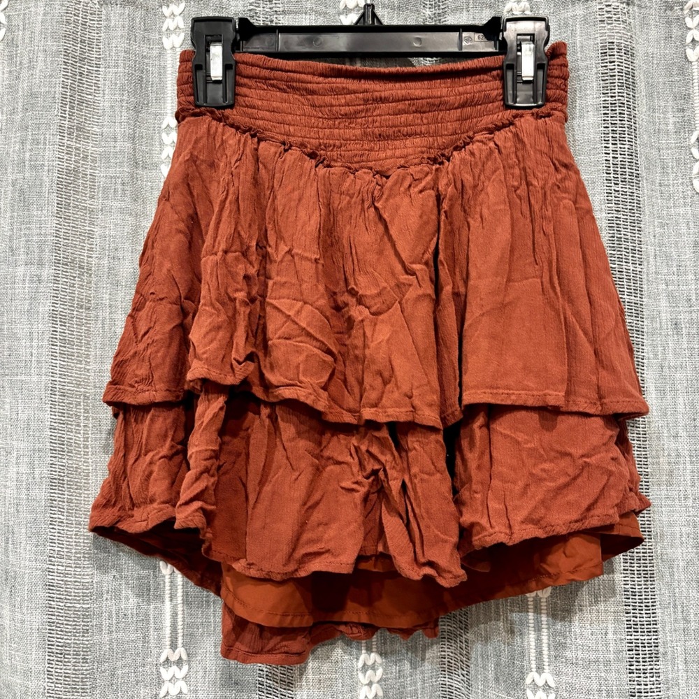 Hollister Boho Tiered Rust Mini Ultra High Rise Skirt Festival Cowgirl